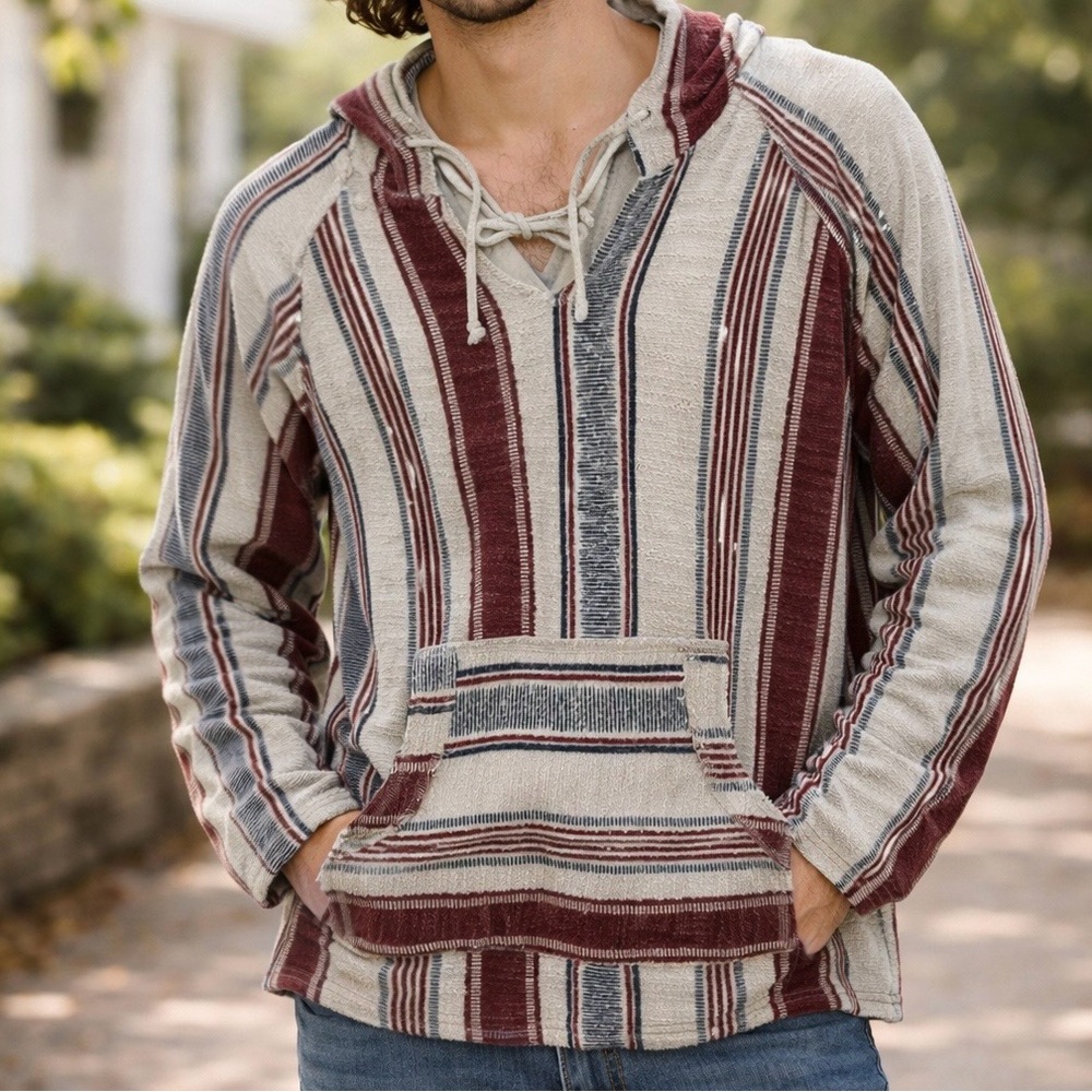 American Crown Baja Hoodie XL Pullover Striped Surf Rug Knit Gray Maroon Pocket